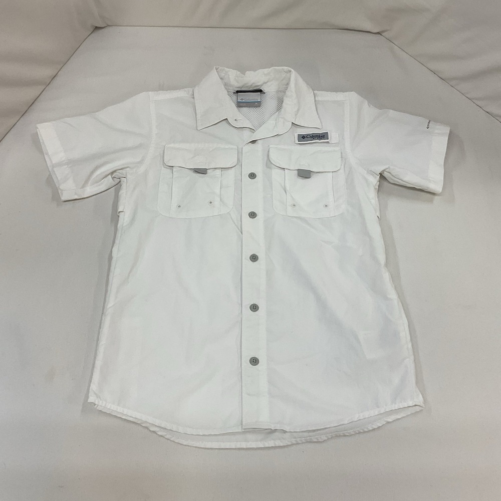 Columbia PFG White Boys Button Up Size M (10-12) Short SLeeve Collar